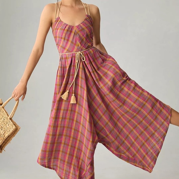 Anthropologie Pink and Orange Plaid Jumpsuit - Picture 2 of 8